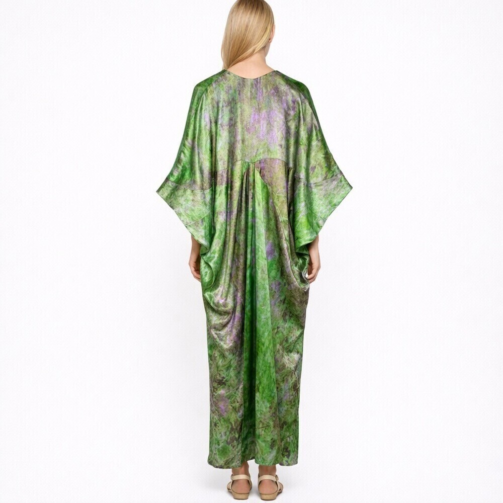 Carmen Molina 100% Silk V-Neck Caftan Maxi Dress Green Purple Abstract Size S/M - Picture 3 of 8